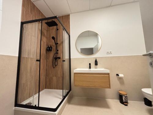 a bathroom with a shower and a sink at 160qm - 6 Zimmer - Parkplatz - Zentrum - MalliBase Apartments in Hannover
