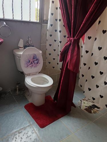 a bathroom with a toilet with a shower curtain at Lirio green hostal in Managua