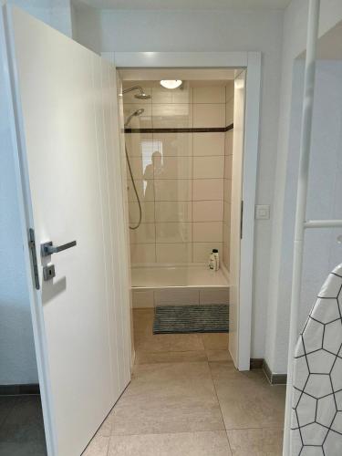 a bathroom with a shower and a bath tub at Guest-studio in Fribourg
