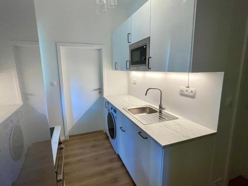a kitchen with a sink and a washing machine at Lovely 2 bedroom near city centre Bratislava in Brenner