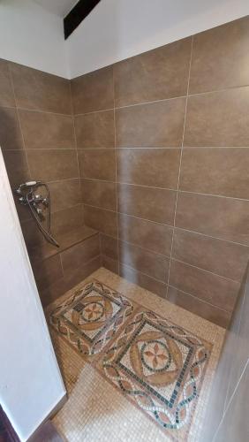 a bathroom with a shower with a rug on the floor at Villa Panorama in Pridraga