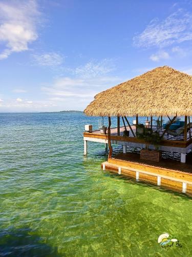 a resort on the water with a thatch roof at CoralBay Bungalows Solarte in Solarte