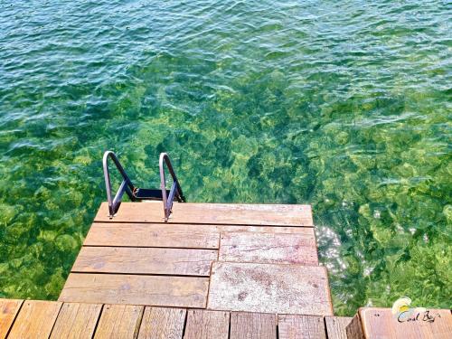 a bench sitting on a dock over the water at CoralBay Bungalows Solarte in Solarte