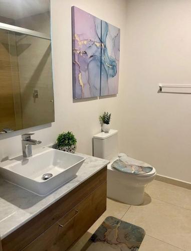 a bathroom with a sink and a toilet at Apartamento pie de playa in Mazatlán