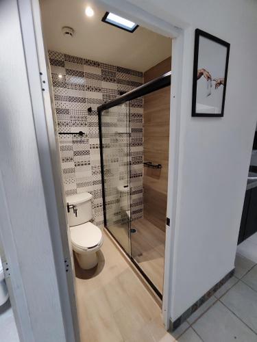 a bathroom with a toilet and a walk in shower at Casa Aceves & Bueno Hotel Boutique in El Salto
