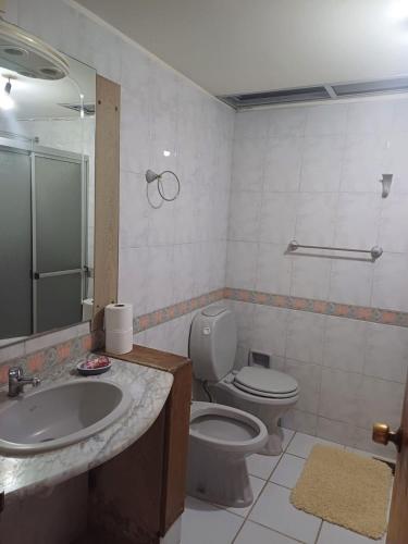 a bathroom with a toilet and a sink and a mirror at La Casa del Bosque in Balneario Ipora