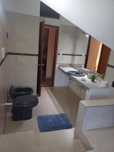 a bathroom with a toilet and a sink and a mirror at La Casa del Bosque in Balneario Ipora