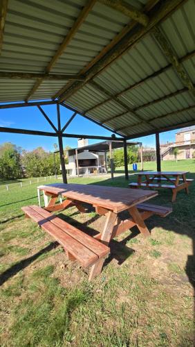 two picnic tables under a pavilion in a field at Don Jacinto Dayman Salto in Termas del Daymán