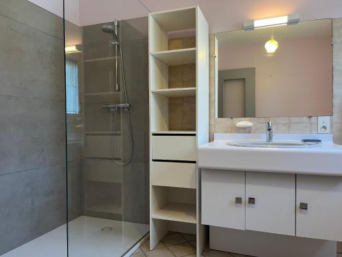 ein Badezimmer mit Waschbecken und Dusche in der Unterkunft Appartement Spacieux avec Jardin Privatif, Proche du Puy-en-Velay et d'un Golf, WiFi Inclus - FR-1-582-286 in Saint-Pierre-Eynac