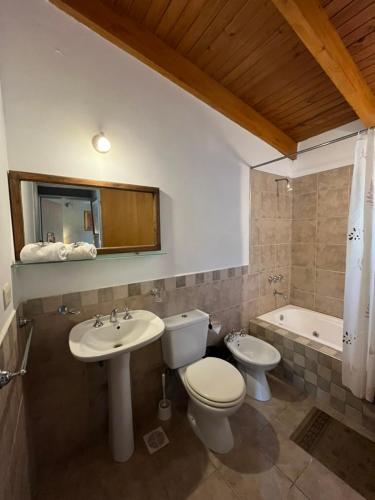a bathroom with a toilet and a sink and a tub at Complejo de Cabañas Aires de Santiago in San Antonio de Arredondo