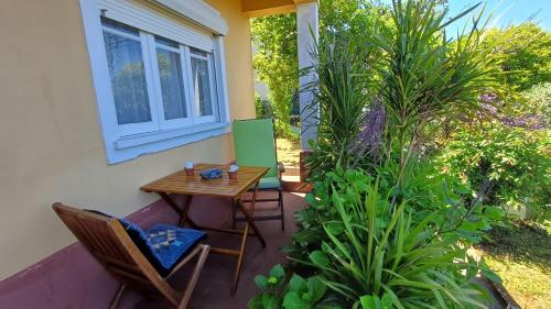 a patio with a table and chairs and plants at Casa da Tia Lena in Coimbra