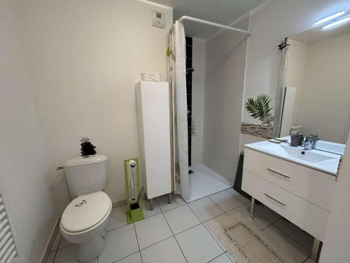 une salle de bain avec toilettes, lavabo et douche dans l'établissement Appartement moderne 2 pièces, 4 couchages, terrasse et parking sécurisé à Saint-Jean-de-Monts - FR-1-224C-351, à Saint-Jean-de-Monts
