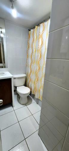 a bathroom with a toilet and a shower curtain at Apartamento Metro Santa Lucia, Santiago Centro in Santiago