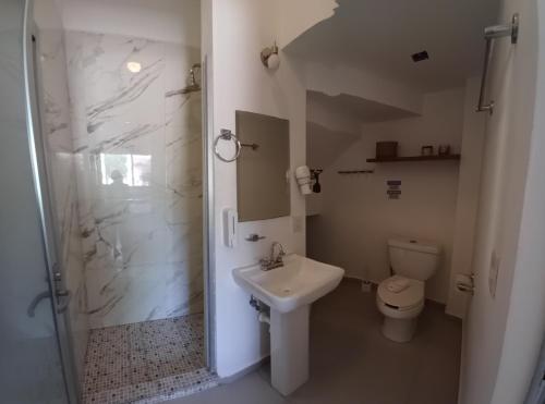 a bathroom with a sink and a toilet and a shower at Casa Linda Isla-Room Palmera-Shared Pool in Isla Mujeres