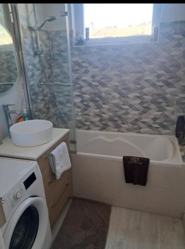 une salle de bain avec baignoire et machine à laver dans l'établissement Idéale pour vos vacances 3 pièces avec terrasse et stationnement, à Nice