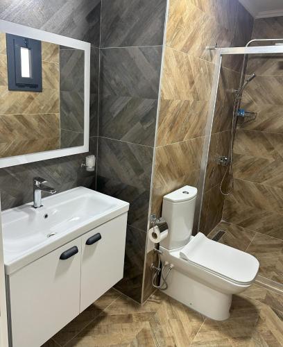 a bathroom with a toilet and a sink and a mirror at Oliva Mare in Marmaris
