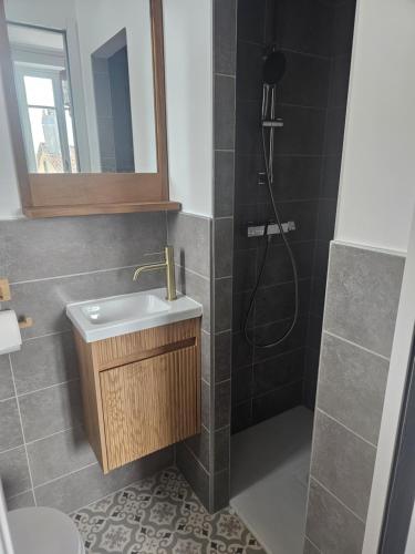 a bathroom with a sink and a shower at La Martinelle in Maurs