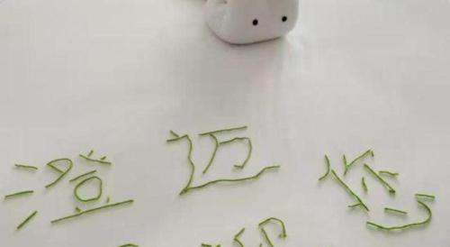 a word written on a table next to a vase at Da Peng Zhongzhou Hotel in Haikou
