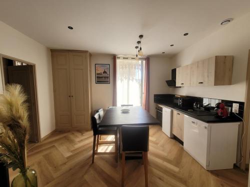 une cuisine avec une table et des chaises dans une pièce dans l'établissement Appartement Caluire-et-Cuire, à Caluire-et-Cuire