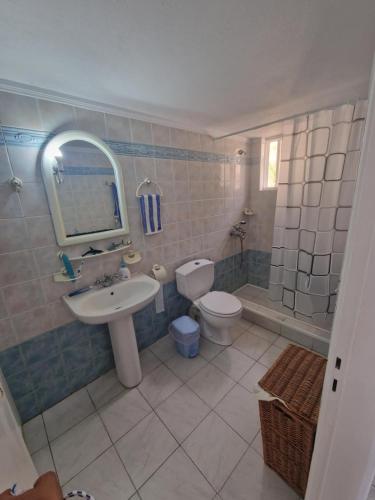 a bathroom with a sink and a toilet and a mirror at Emporios Mansion in Emporeiós