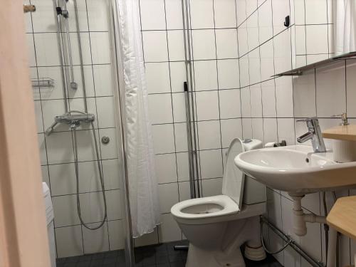 a bathroom with a toilet and a sink and a shower at Malmi Home in Vaasa