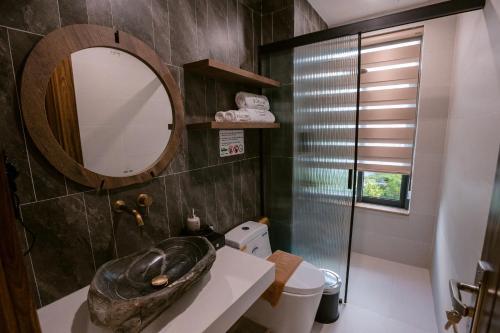a bathroom with a sink and a mirror and a toilet at S Gallery Apartment in Thôn Lại Thê