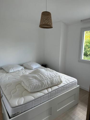 un lit blanc dans une chambre blanche avec une fenêtre dans l'établissement Chez Marylène, à Le Vanneau
