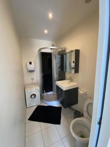 une petite salle de bain avec toilettes et lavabo dans l'établissement Chalet proche océan, à Lège-Cap-Ferret