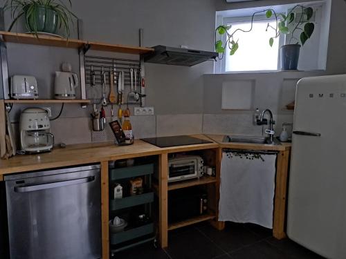 Il comprend une cuisine équipée d'un comptoir et d'un réfrigérateur. dans l'établissement La petite bajocasse, à Bayeux