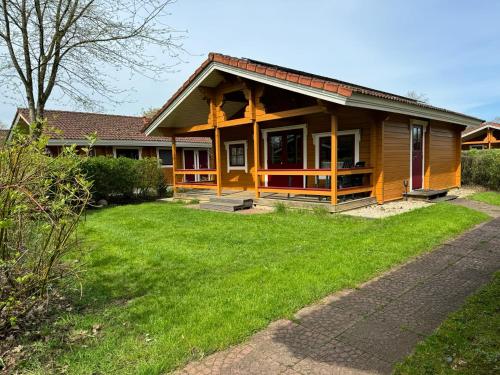 a house with a green lawn in front of it at Kiwi-Cabin 45 in Gramsbergen