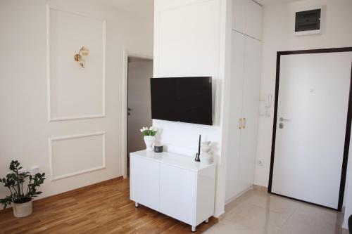 パレにあるApartman N Paleの白い壁の白いリビングルーム(テレビ付)