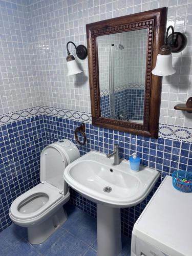 a blue tiled bathroom with a toilet and a sink at Apartamentos La Montaña in Frama