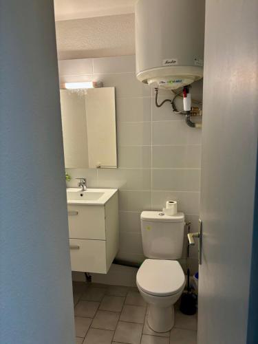 une salle de bain avec des toilettes blanches et un lavabo dans l'établissement Studio Hesperides Balaruc les Bains, à Balaruc-les-Bains