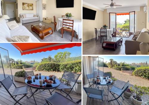 un collage de photos d'un salon et d'une maison dans l'établissement Beach, sun, air conditioning and parking in Agay!, à Saint-Raphaël