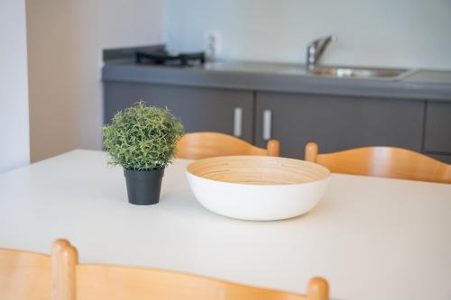 a table with a white bowl and a plant on it at Apartment Adela II in Novalja