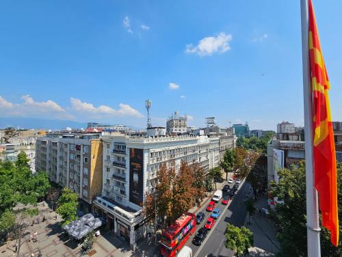 an aerial view of a city street with a building at Fantazy Apartment Main Square in Skopje
