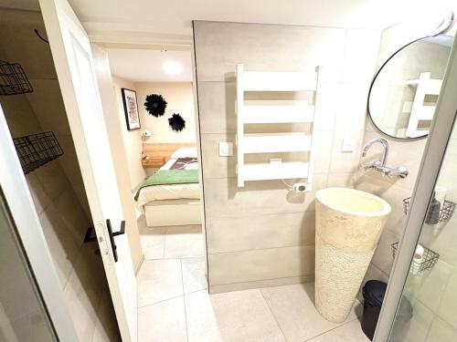 La petite salle de bains est pourvue d'une douche et d'un lavabo. dans l'établissement Logement indépendant avec jardin classé par Gîte de France, à Allauch