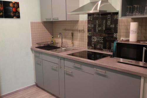 una cucina con lavello e microonde di Ferienwohnung Große / Werner a Jüterbog