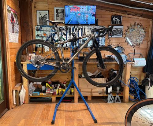 a bike on a bike stand in a garage at Casale Monte Oliviero - Bike Friendly B&B in Rome