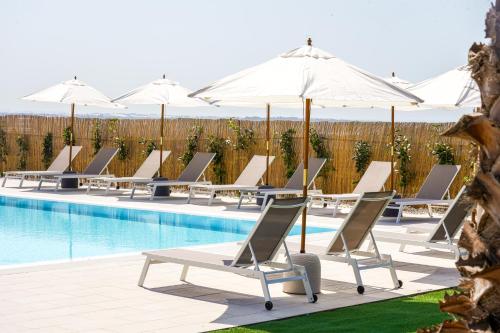 a row of chairs and umbrellas next to a pool at Agriturismo Tenute Mauro in Ispica