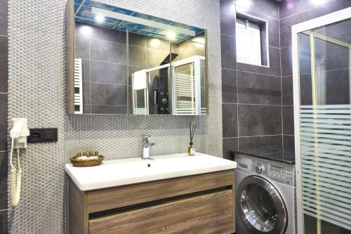 a bathroom with a sink and a washing machine at Taksim Galata port BY AYDIN Hotel - City Center in Istanbul