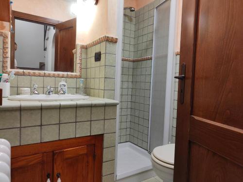 a bathroom with a sink and a toilet and a mirror at Cottege in Pietra sul Fiume in Frontone