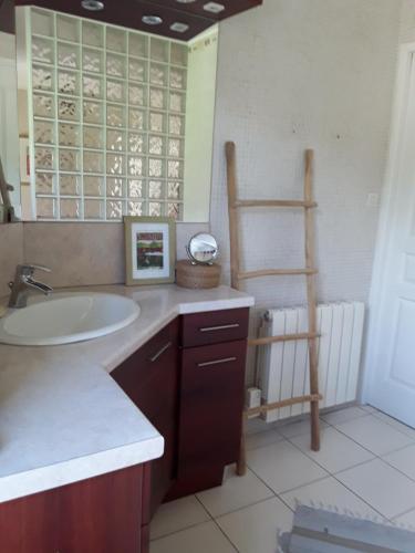 La salle de bains est pourvue d'un lavabo, d'un miroir et d'une échelle. dans l'établissement Maison de Hameau, à Breil-sur-Roya