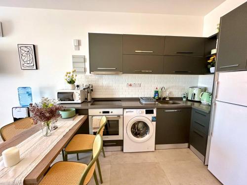 a kitchen with a washing machine and a washer at The Olive Beachfront Apartment & Spa in Bahçeli