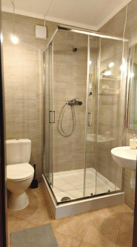 a bathroom with a shower with a toilet and a sink at Być Morze in Mrzeżyno