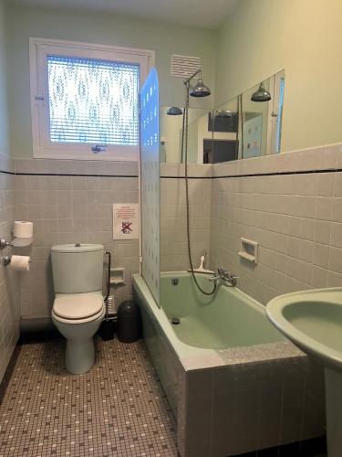 une salle de bain avec toilettes, baignoire et lavabo dans l'établissement La Boulaie - lovely gite with private pool, à Parçay-les-Pins