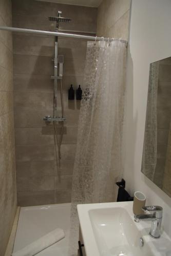 une salle de bain avec douche et lavabo dans l'établissement Studio cosy au style méditérannéen, à Clermont-Ferrand