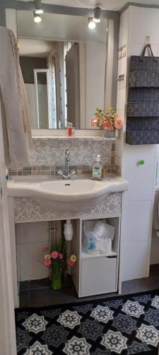 une salle de bain avec un lavabo et un miroir dans l'établissement Appart Duplex MontSouris Paris14, à Paris