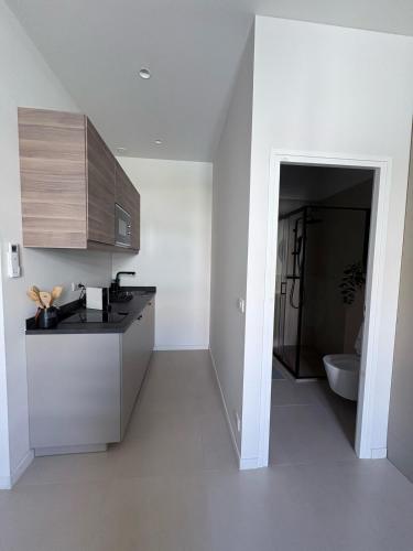 une cuisine blanche avec un évier et un comptoir dans l'établissement Studio cosy Le Vismara, à Nice