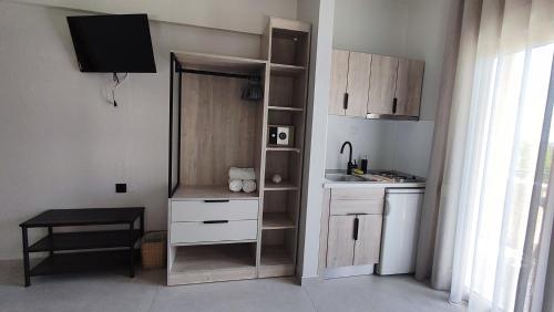 une petite cuisine avec un meuble et un évier dans l'établissement Nostos Studios Golden Beach, à Chrysi Ammoudia